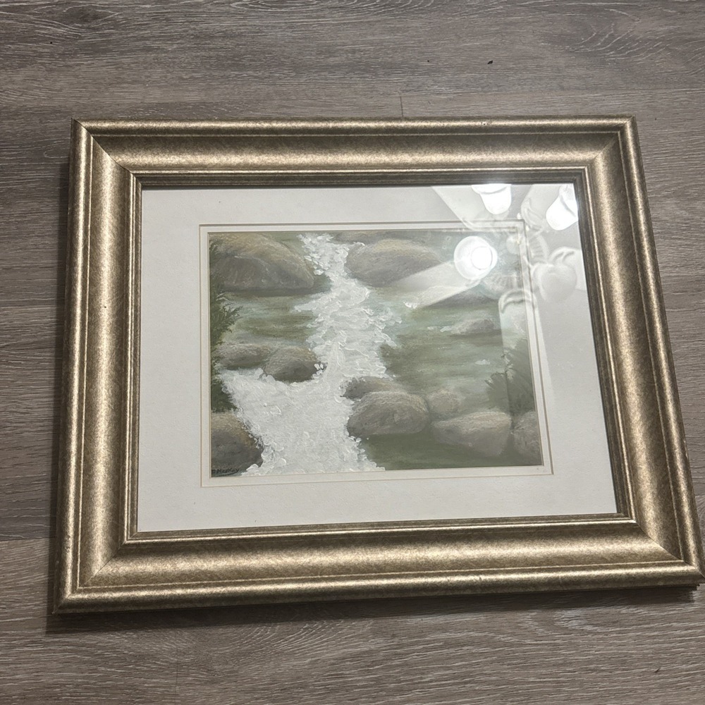Original Landscape Signed D. MacKay Rushing Forest River Framed Painting 18"x14"